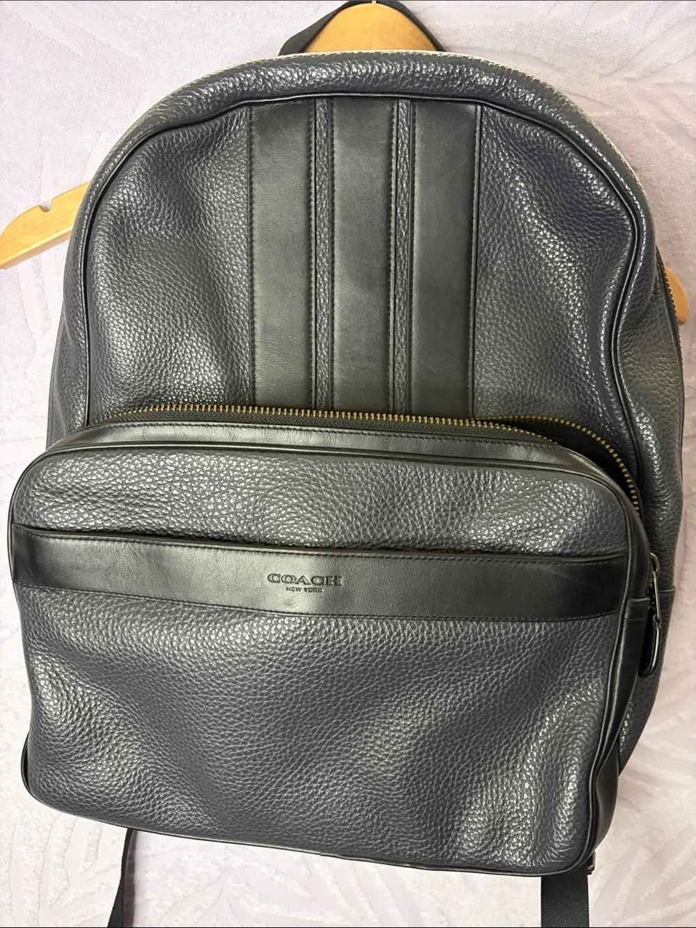 Coach Black Pebbled Leather Backpack with Front Pocket and Stripe Detail